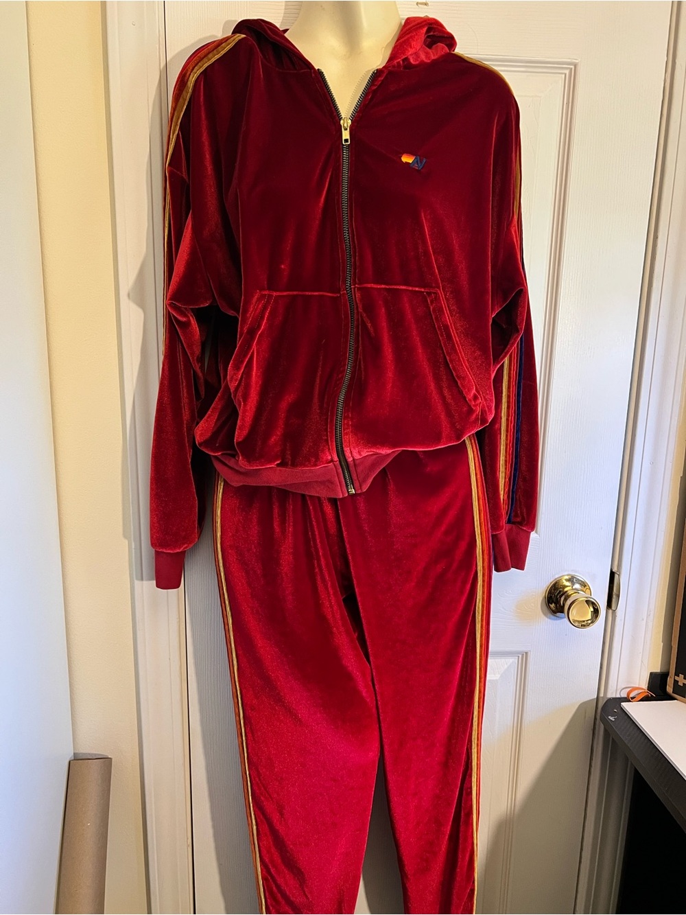 Aviator Nation Red Velour Tracksuit Bottoms with Gold Trim